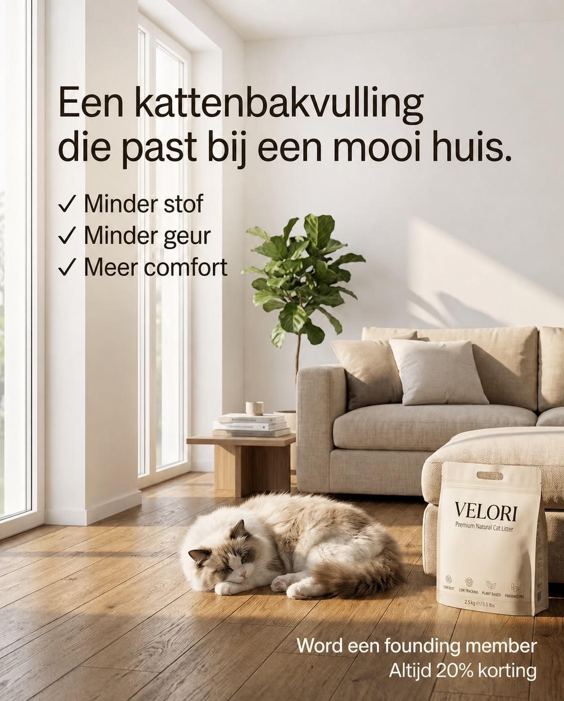 Velori tofu-kattenbakvulling in een rustig interieur met een slapende kat